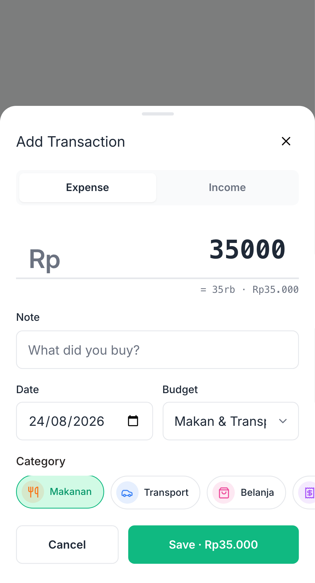 Screenshot: expense form with budget selected