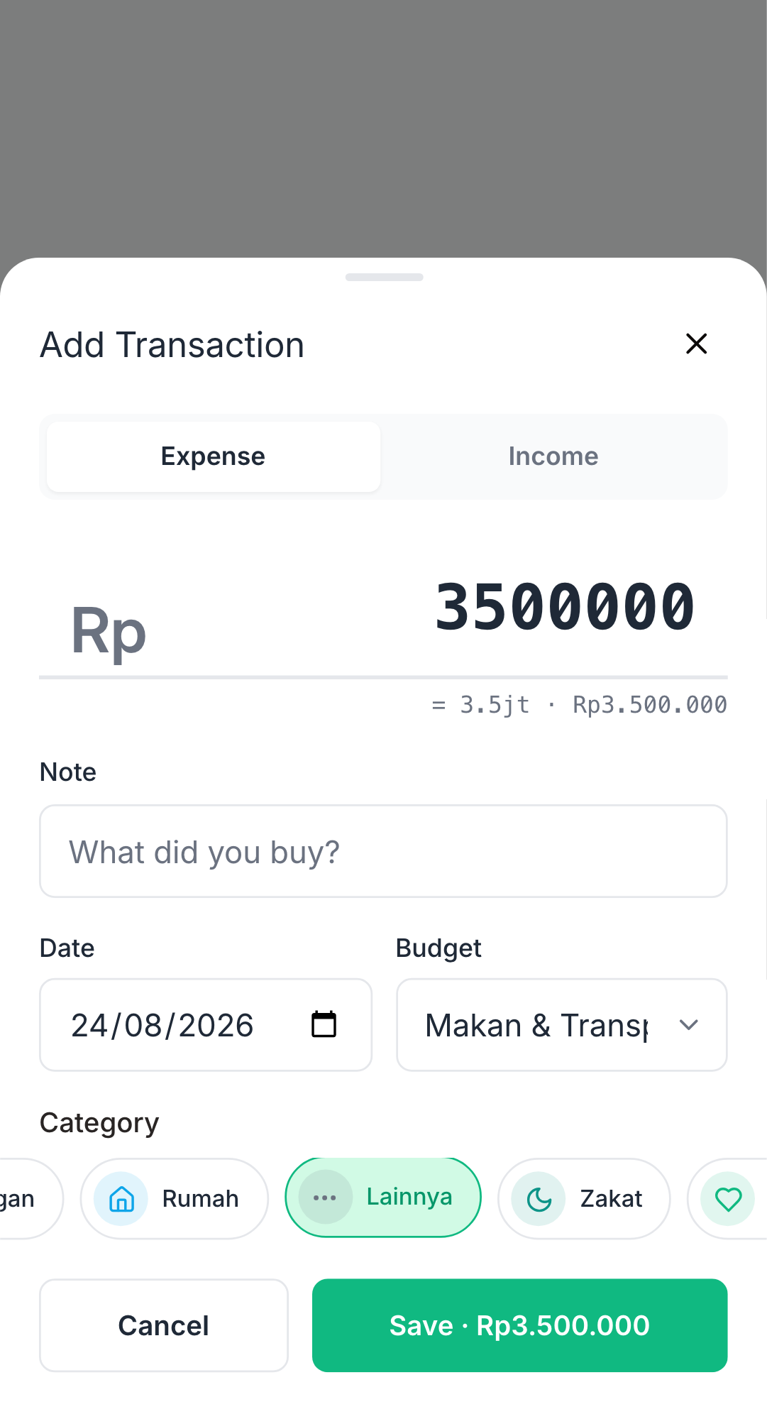 Screenshot: income form on Income tab