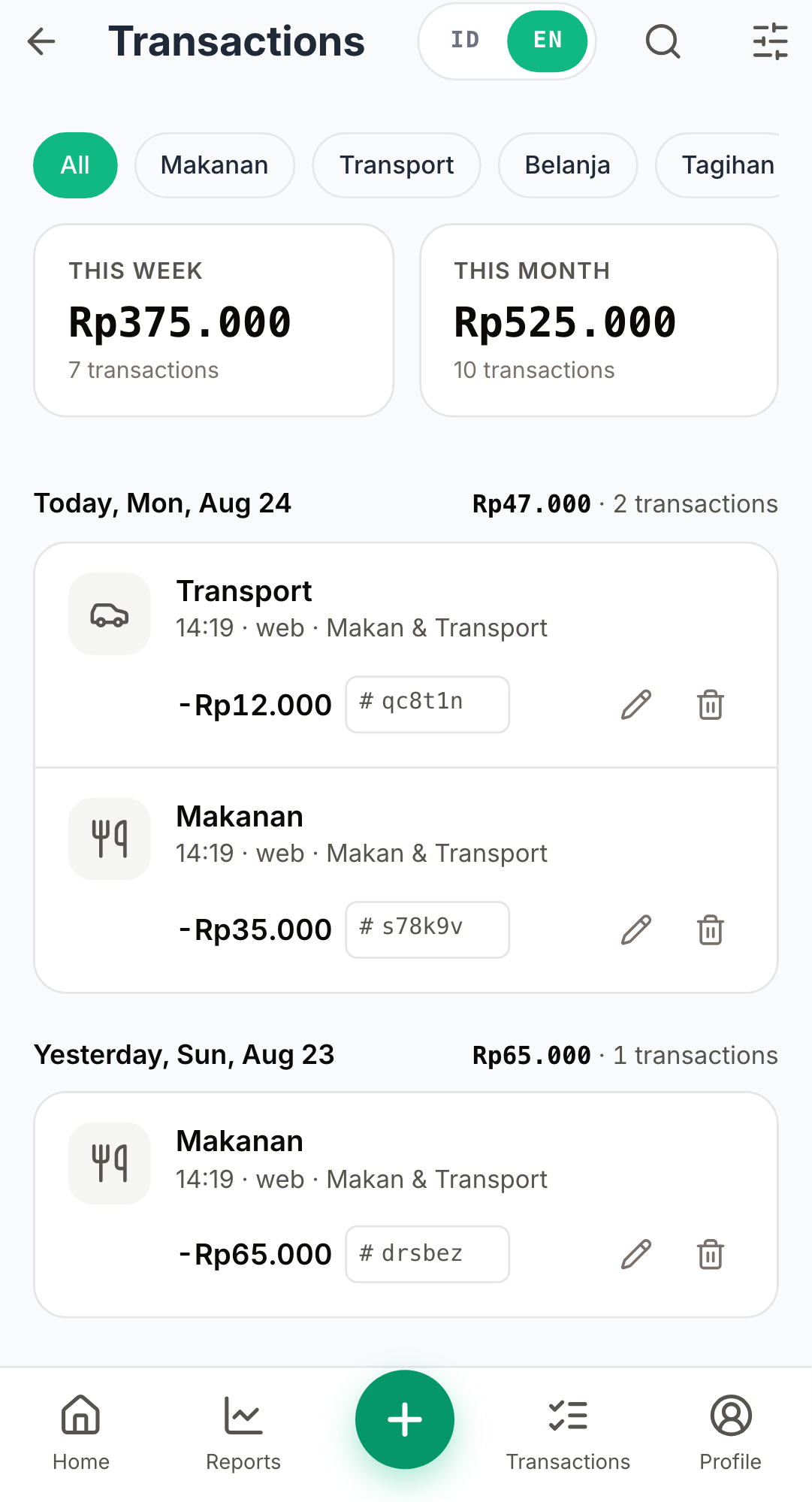 Screenshot: transactions list with today's rows