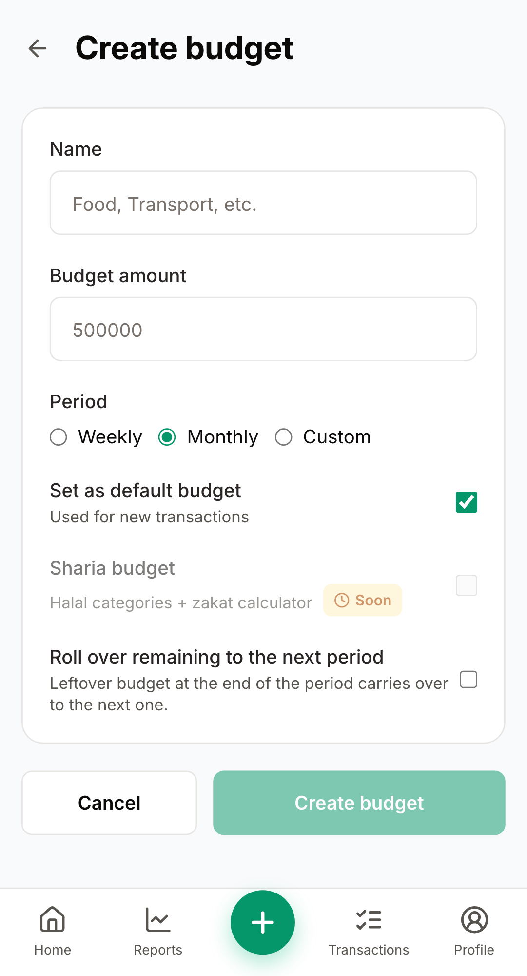 Screenshot: create budget