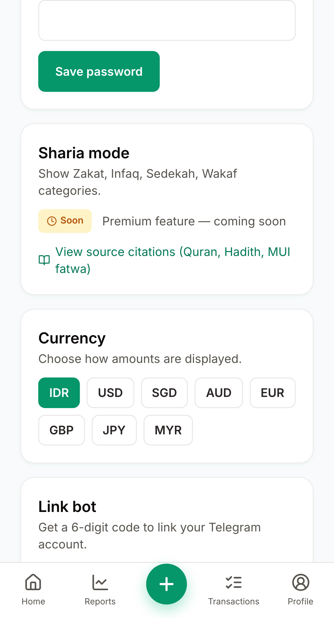 Screenshot: /settings · Currency