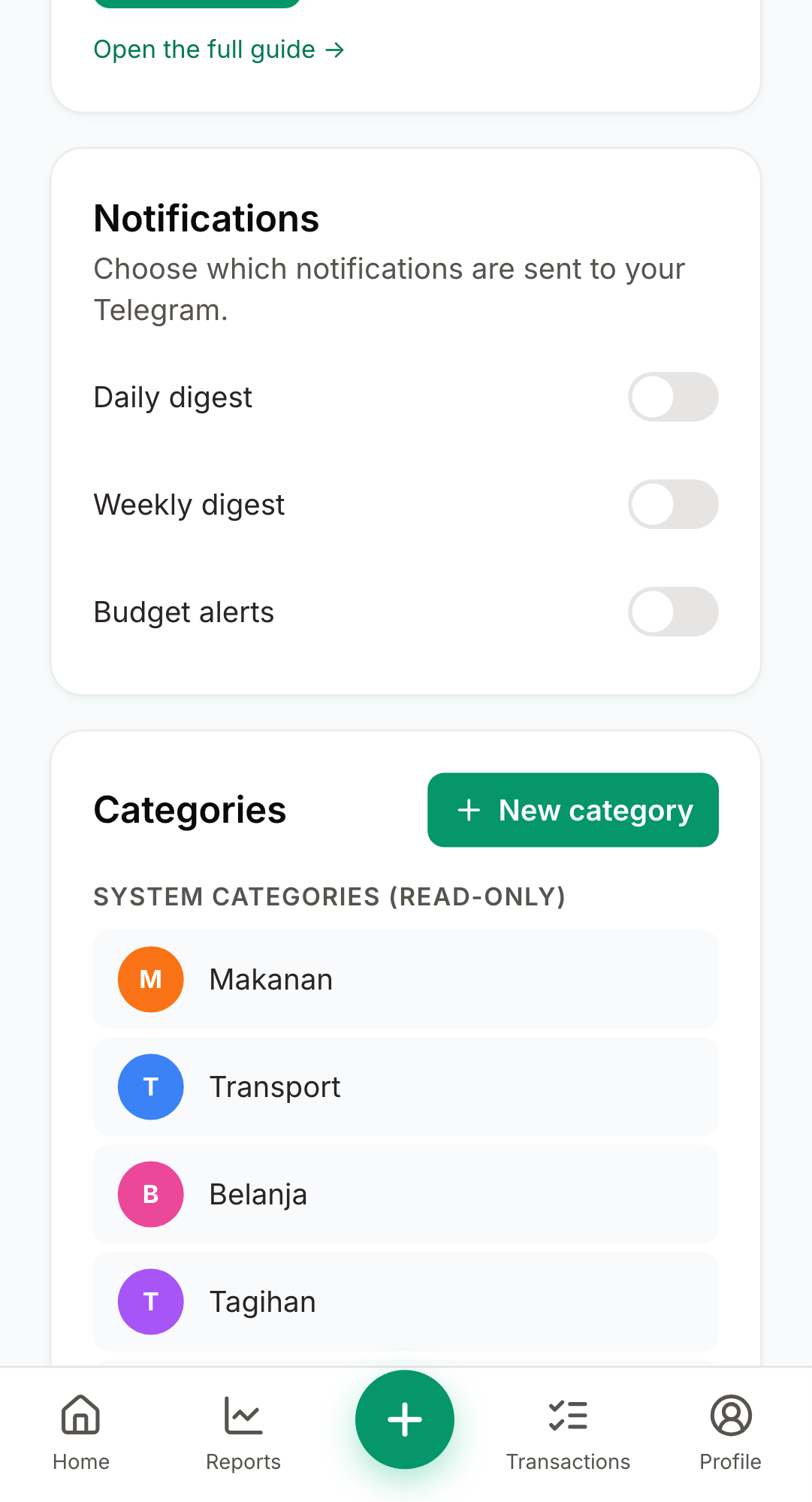 Screenshot: /settings · Bot link