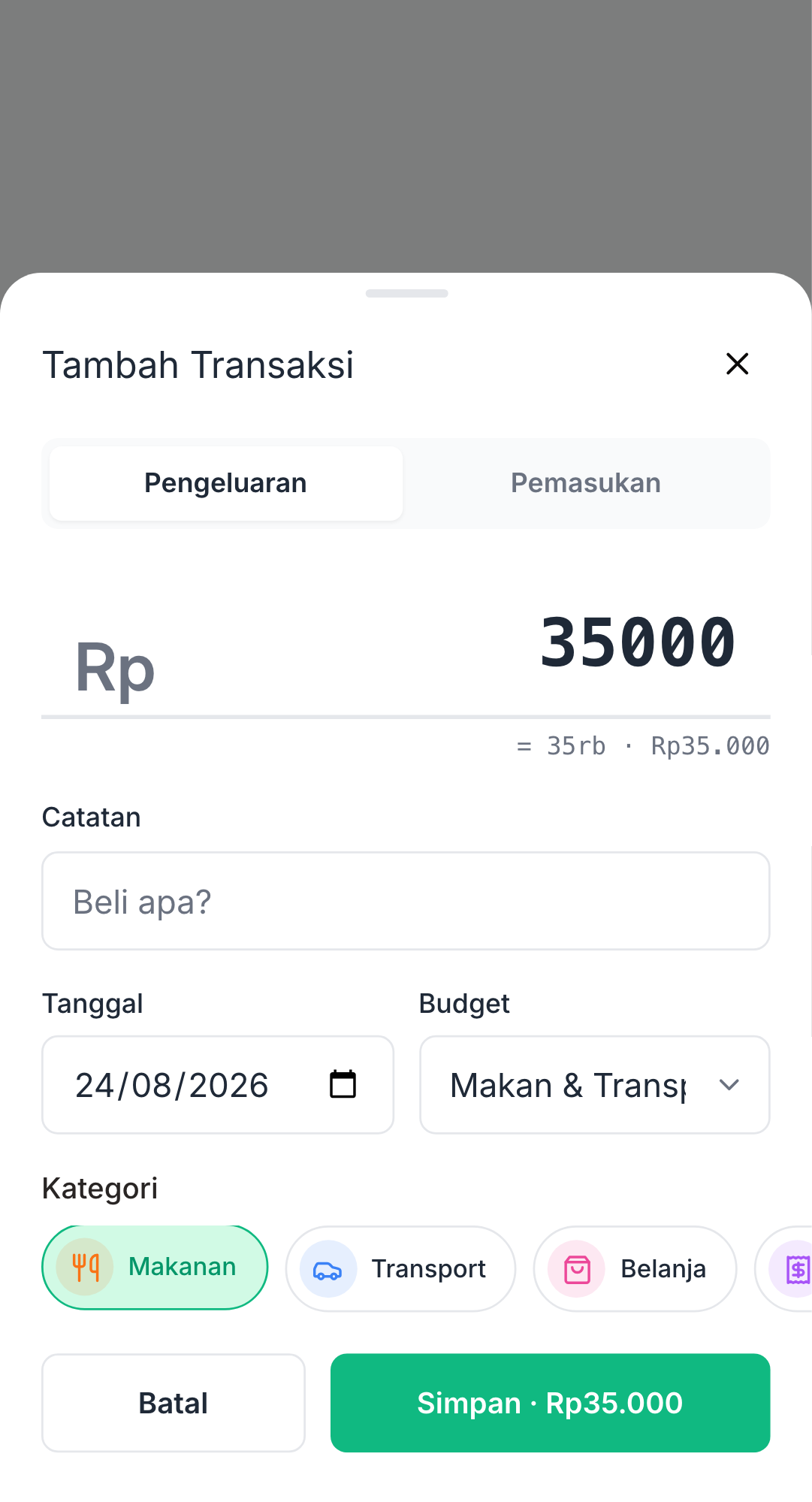 Screenshot: formulir pengeluaran dengan budget terpilih