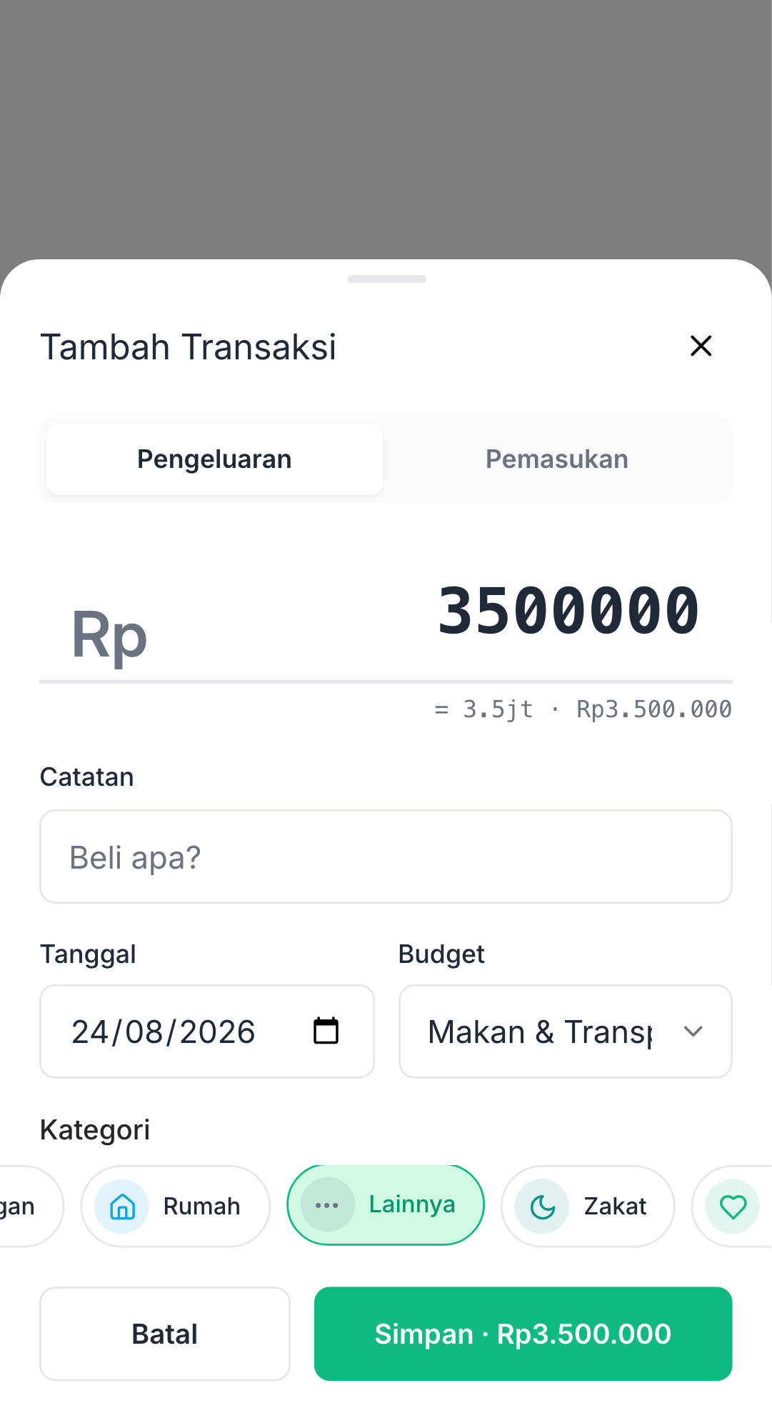 Screenshot: formulir Pemasukan aktif
