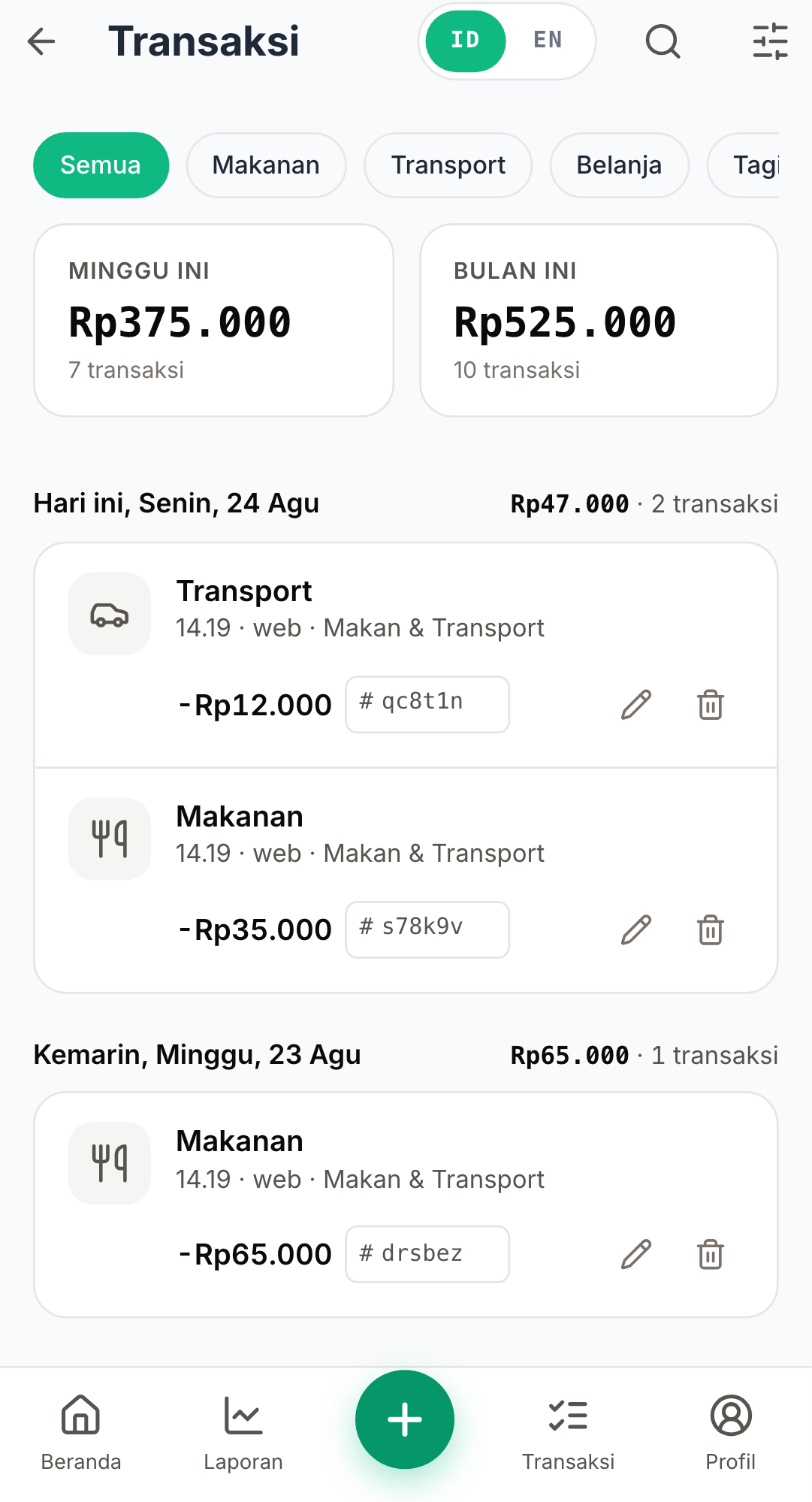Screenshot: daftar transaksi dengan baris hari ini