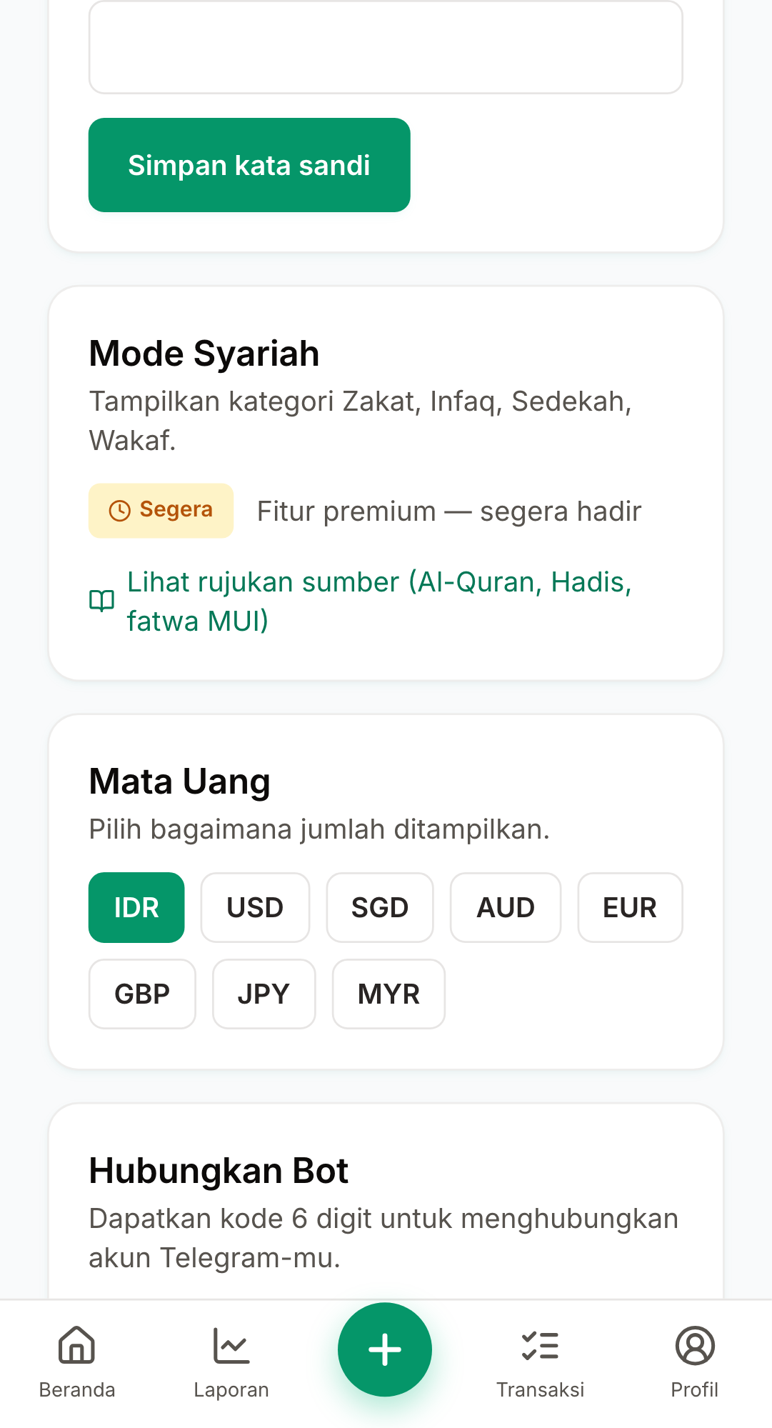 Screenshot: /settings · Mata uang