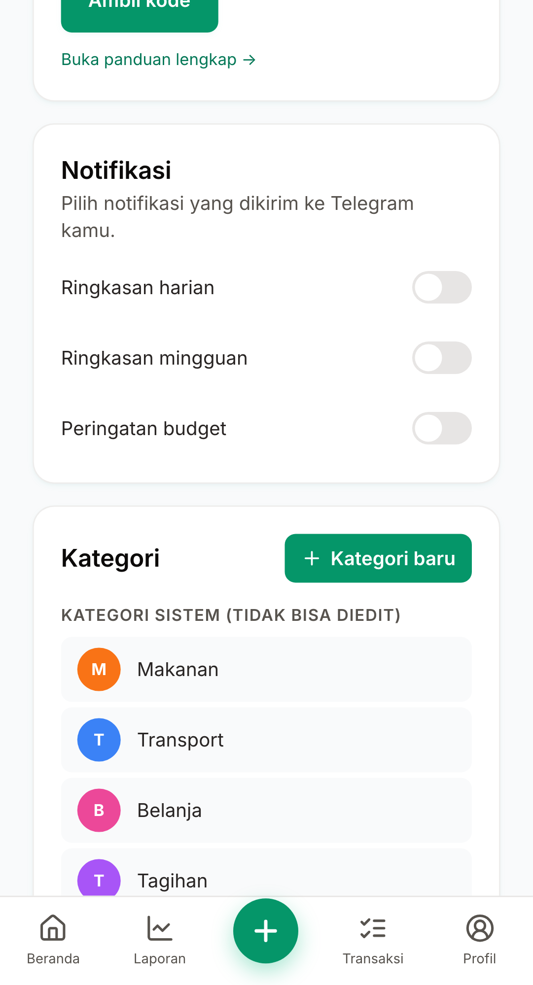 Screenshot: /settings · Hubungkan bot